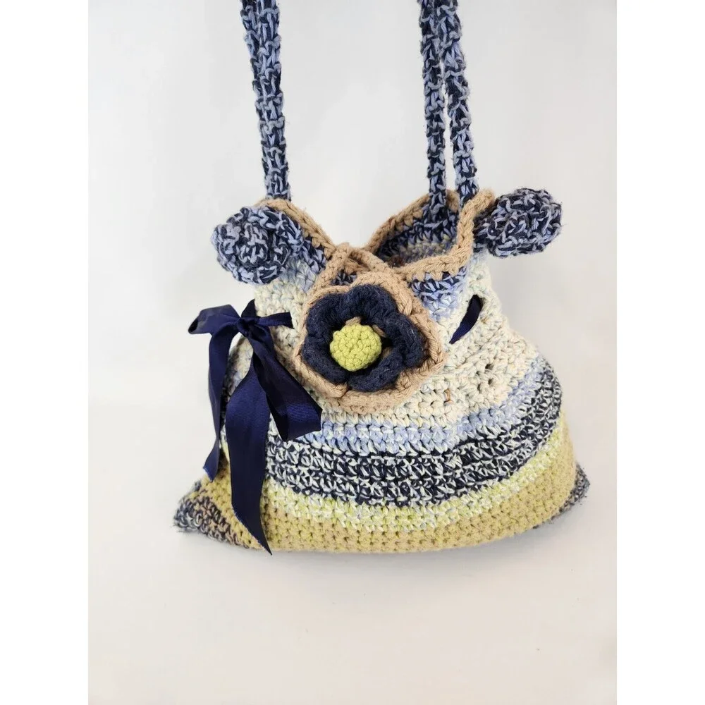 Funky Fun Handmade Crochet Knit Bag Large Purse‎ Boho Hippie Flowers Blue Beige